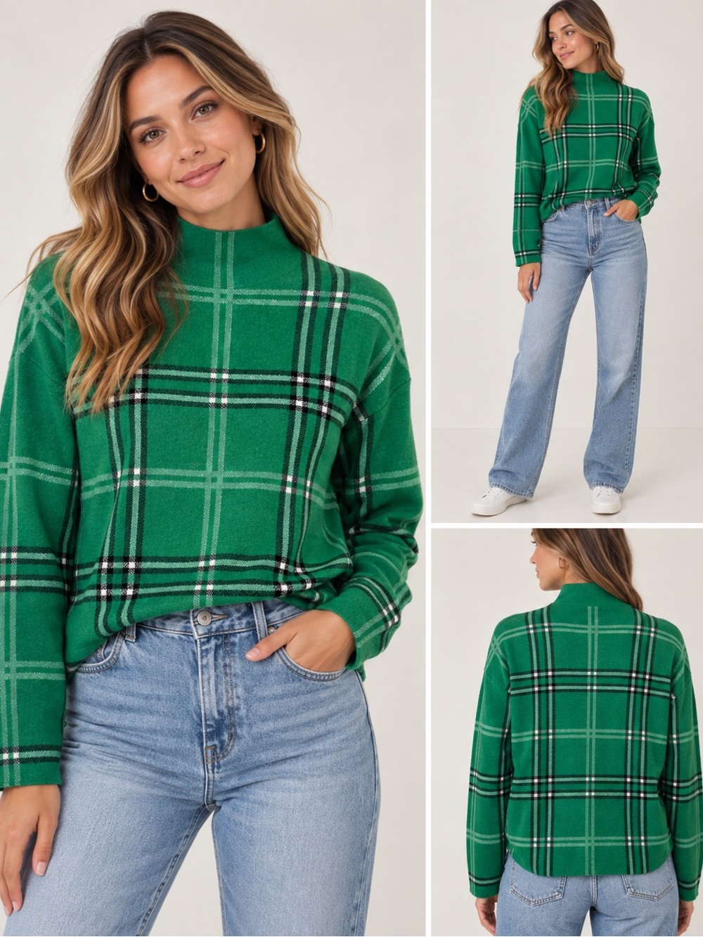 Nicole Miller Green Plaid Mock Neck Sweater small - Picture 8 of 8